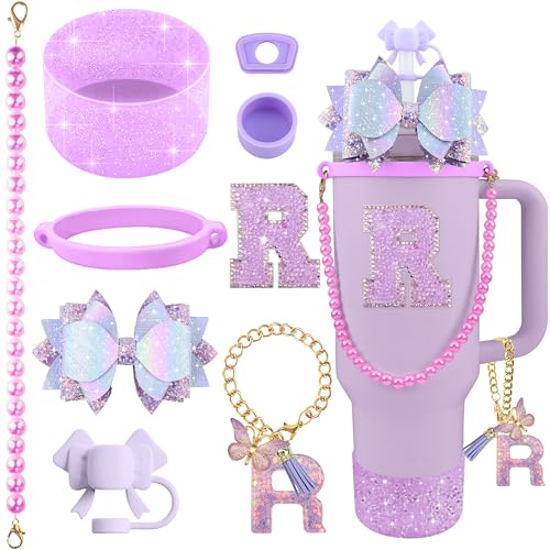 Hpebl 9PCS Purple for Stanley Cup Accessories Set Bling Initials Bow Charms for Stanley Decorations 30/40 Oz Tumbler Accessories Including Bow Straw Topper, Handle Strap, Spill Stopper（Letter R） - image 1