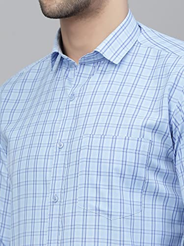 Image of Style Quotient Men Blue Tattersall Checked Polycotton Slim Fit Formal Shirt