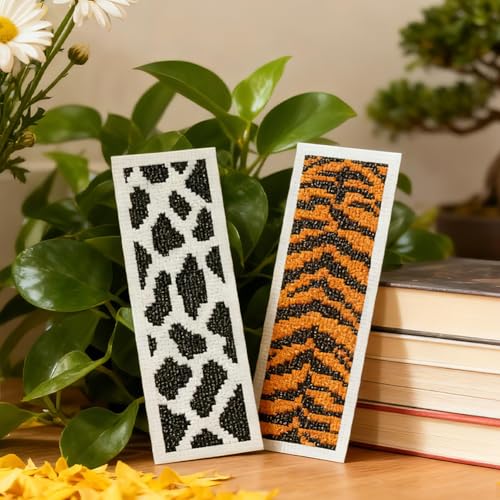 Image of INFUNLY 6pcs Animal Textures Cross Stitch Bookmark Kit for Beginners DIY Leopard Print Embroidery Bookmark Kits Zebra Stripes Needlepoint Kit with Instruction Easy Cross Stitch Set for Book Readers