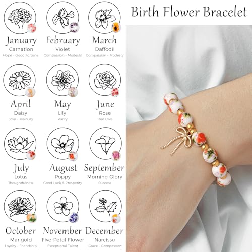 Birth Flower Bracelets, Beads Bow Charm Bracelet for Women Vintage Birth Month Floral Birthstone Bracelets Birthflower Jewelry Birthday Gifts for Women4