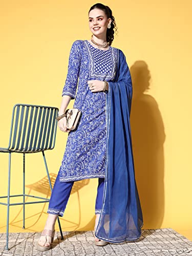 Image of ishin Women's Cotton Embroidered A-Line Kurta Trouser with Dupatta Set