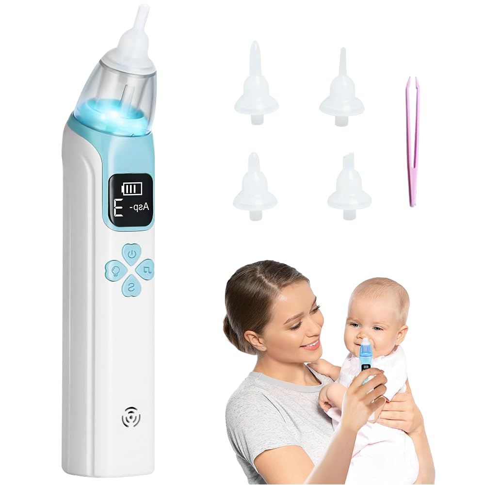 Baby Nasal Aspirator, HOVCEH Electric Snot Sucker for Babies Newborn Toddler, Nose Aspirator Baby with Music, Nasal Aspirator Baby with LED, Baby Nose Cleaner with 4 Silicone Tips, 1 Tweezers