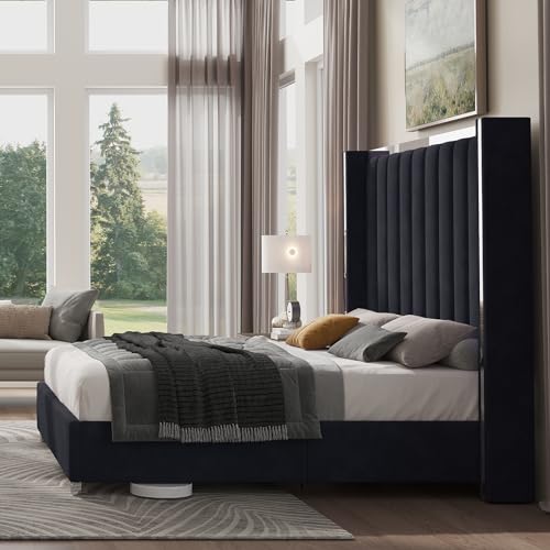 King Size Velvet Upholstered Bed Frame with Tall Wingback Headboard and Plating Trim
