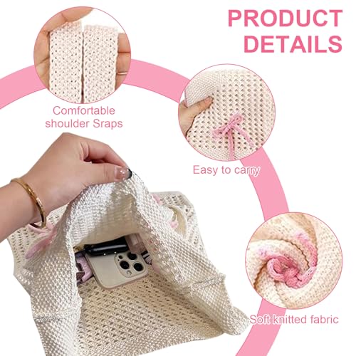 Knitted Beach Tote Bag with Bow - 14.2 x 24 Inch Large Summer Beach Bag for Women, Lightweight Cotton Boho Handbag for Pool, Travel & Shopping (Pink)3