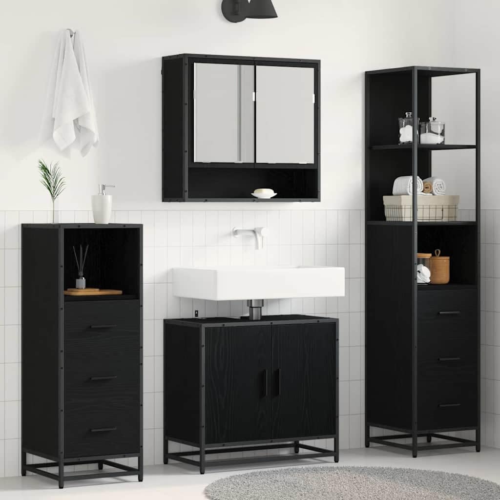 Juego de 4 muebles de baño con aspecto de roble negro con cajones y estantes para un almacenamiento elegante y una organización práctica