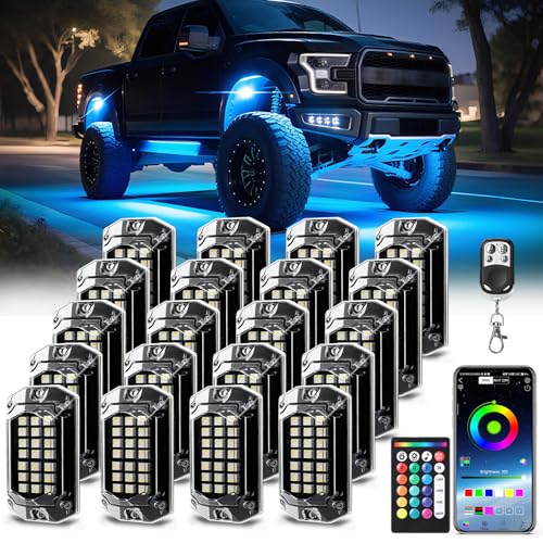 20 Pods Full Angle RGBW LED Rock Lights, 6500K Pure White RGB Rock Light for Semi Truck Jeeps Trailer Pickup Offroad Boat RV Underbody 12V Waterproof Neon Underglow Kit with APP/RF Control Sync Music