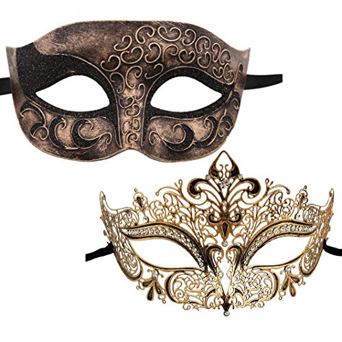 2 Pack Masquerade Mask for Couples Women and Men Venetian Gold and Black Masks For Masquerade Ball