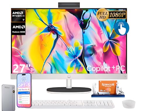 Image of HP 27 inch All-in-One FHD Touchscreen Desktop Computer, AMD Ryzen AI 7 350(8-Core), 32 GB DDR5-5600 MT /s, 2 TB SSD, AMD Radeon 860M, Wi-Fi6, BT5.4, Copilot+ PC, Windows 11 Pro, w /RECOLX AI Voice Recorder