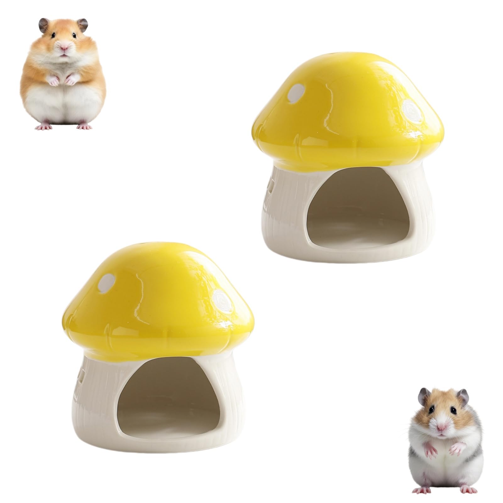 2 PCS Ceramic Hamster House, Hamster Hide Hideaway House, Hamster Nest, Cute Mushroom Shaped Cave Small Animal Hideout for Gerbils Rats Supplies (yellow 2 pcs)