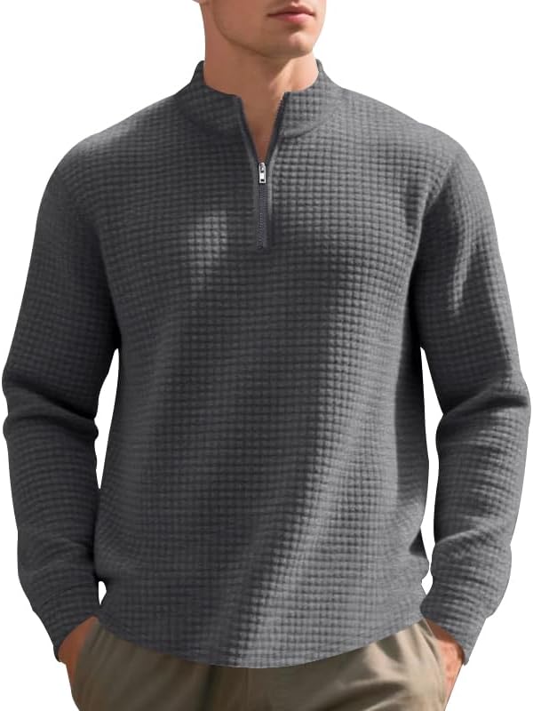 ZOCANIA Men's Quarter Zip Up Pullover Long Sleeve Waffle Knitted Sweatshirt Mens Solid Color Pullover Stylish Tops