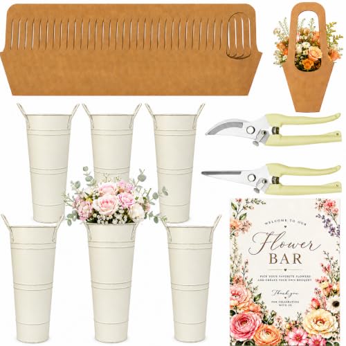 Barra de flores para boda con bolsas de ramo y tijeras de acero