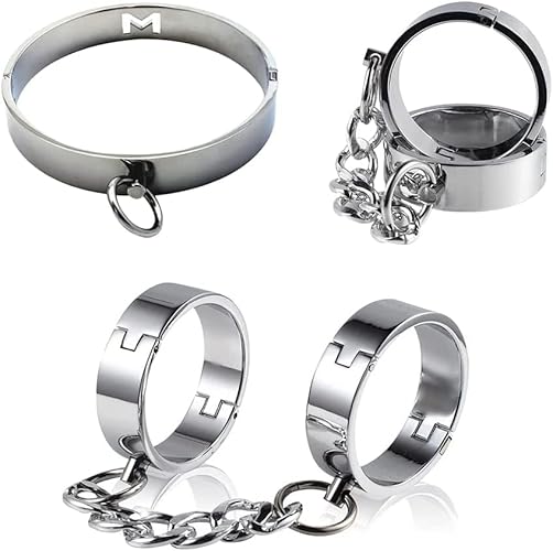Guspiun Paar Handschellen Sm Fetisch Bondage Fußfesseln Handgelenks Fesseln Rollenspiel Halsband, Sklaven Intime, Metall BDsm Erwachsene Slave Sex toys (Halsband + Handschellen für Frauen) - Halsband + Handschellen für Frauen
