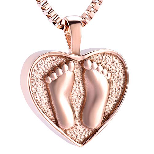 XSMZB Always in My Heart Baby Feet Ashes Keepsake Urn Pendant Necklace Cremation Urns Memorial Jewelry (Rose Gold-1)