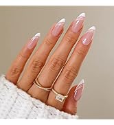 Celepaty Almond Press on Nails French White Slash Stripes Fake Nails Medium Length False Nails Gl...