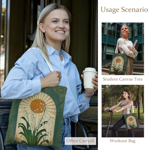 Boho Lily of the Valley Tote Bag, Emerald Green Boho Sun Floral Canvas Tote Bags for Women, Vintage Mystical Wildflower Botanical Reusable Grocery Shopping Bags2
