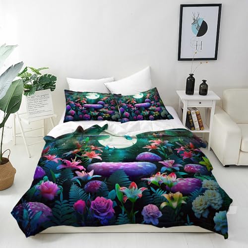ANHOPE Parure de Lit 120x150 cm avec 1 Taies d'oreiller 40x60 cm Forêt de Rêve Champignon Fleur Lune Housse de Couette avec Fermeture Éclair Doux Microfibre Literie...