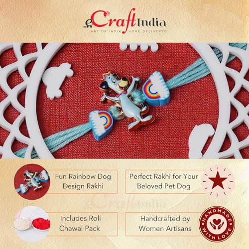 Image of eCraftIndia Cute Dog Rainbow Designer Rakhi | Best Bro Ever Fridge Magnet | Roli Chawal Pack | Pet Rakhi for Dog 3 pcs