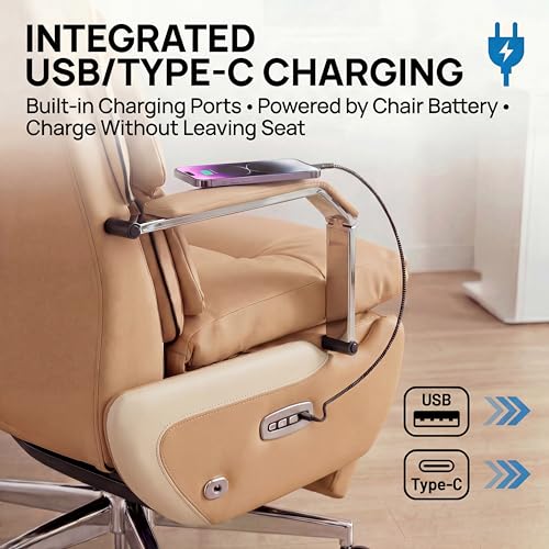 Image of Dual Motor Executive Reclining Office Chair with Footrest - One-Click Electric Recline, Massage Lumbar Support & Pillow, Big and Tall PU Leather Ergonomic Desk Chair for Home Office /Gaming(Brown)