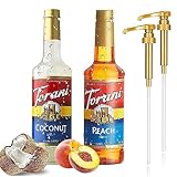 Torani Coffee and Tea Syrup Variety Pack - Coconut and Peach Syrup for Coffee with 2 Jimoco Syrup Pump Dispenser Compatible with Torani Syrup 25.4 Ounces for Coconut and Peach Flavored Coffee, Italian Soda, Lattes, Frappes