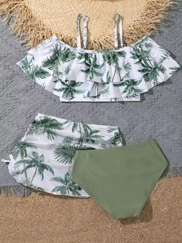 Image of Girl's 3 Piece Bikini Set Tropical Print Bathing Suit High Waist Swimwear with Skirts Cover Up Green 140