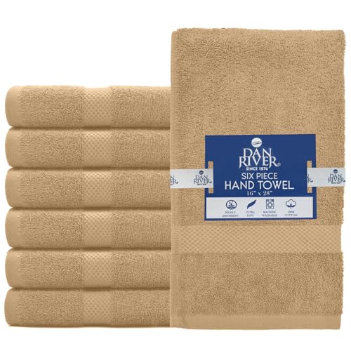 Image of DAN RIVER 6-Pack Premium Hand Towels (16x28 Inches) - 100% Cotton, Ultra Soft, Lightweight, Highly Absorbent Towels for Bathroom, Spa, Gym, Salon, Hotel, and Travel - Tan