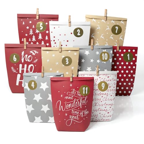 Adventskalender zum Befüllen, 24 Adventstüten zum Basteln, Weihnachtskalender zum Selbstbefüllen, Bedruckt Weihnachtstüten mit Zahlenaufkleber zum selber befuellbar (Rot)