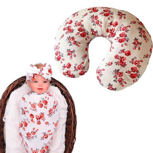 Image of Nursing Pillow Cover and 31.5 Inches x 31.5 Inches Muslin Swaddle Blanket with Headband Slipcovers for Breastfeeding Pillows for Baby Girl & Boy,Red