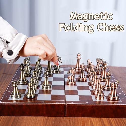 Image of Classic Leather & Metal Chess Board for Family Fun| Foldable Magnetic Pieces with Extra Queens | Portable Travel & Educational Indoor& Outdoor Game | Suitable for Boys and Girls (12 Inch)