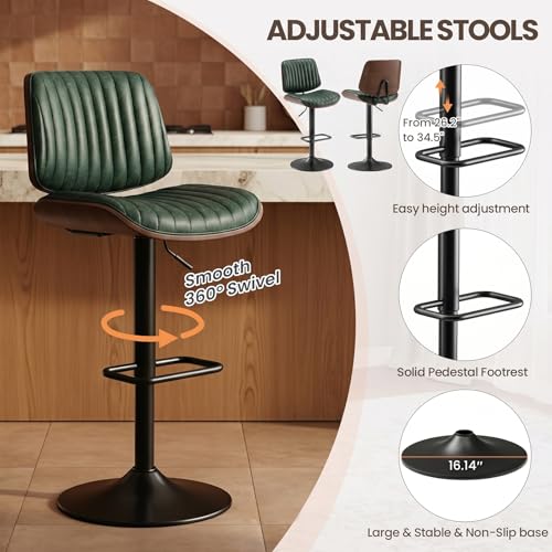 Image of MALOL Bar Stools Set of 6, Adjustable Counter Height Bar Chairs 26 inch-34.5 inch with Swivel & Footrest, Modern Faux Leather Barstools for Kitchen Island, Dining Room,Pub,Green
