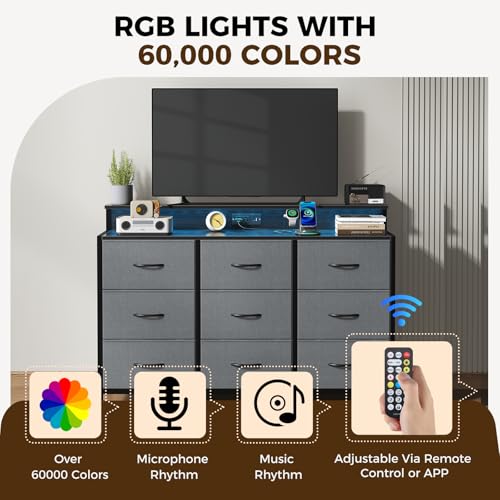 Image of NEWBULIG Wooden Top Media Console for 32-52 inch Dresser TV Stand with 9 Fabric Drawers & Open Shelves, Entertainment Center with LED Lights & Charging Station for Bedroom, Grey