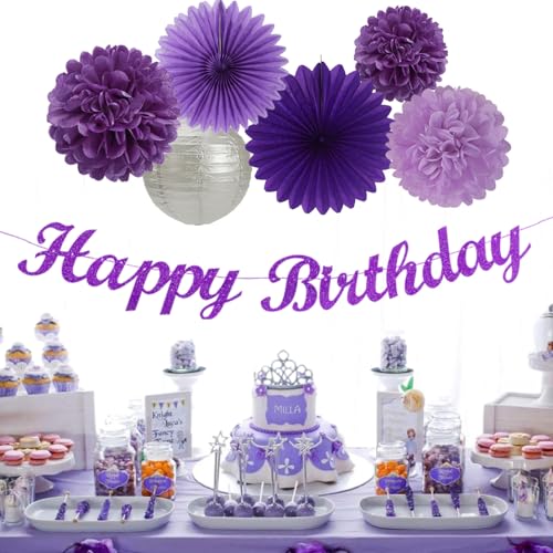 Image of Purple Silver Birthday Party-Decorations Paper-Flowers - 14pcs Happy Banner Lavender Lanterns Tissue Pom Poms,Lilac Streamers Garland Fans,Women Girls Adult Kids Office Hanging Supplies Decor Hugfond