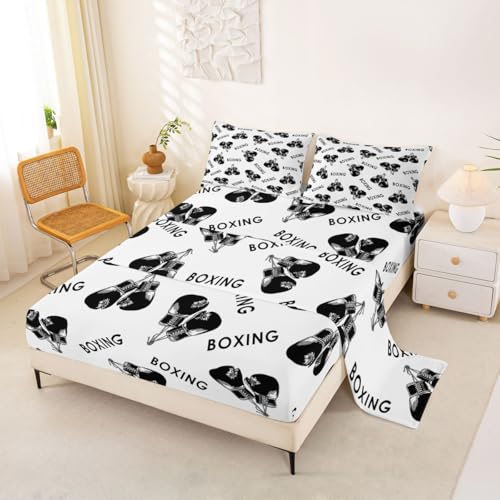 Homemissing Juego de sábanas de boxeo tamaño individual para niños y niñas, juego de ropa de cama con temática deportiva y guantes negros, con bolsillos de 40.6 cm de profundidad, 3 piezas con 1 funda