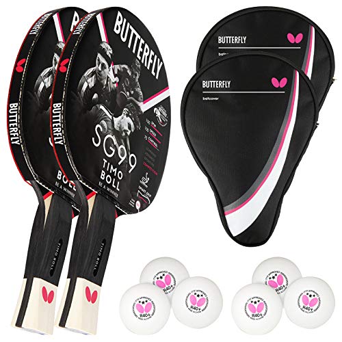 Butterfly Timo Boll 2 x SG99 Tischtennisschläger + 2 x Tischtennishülle Drive Case + 2 x 3*** ITTF R40+ Tischtennisbälle | Tischtennisschlägerset | Tischtennis Profi Set