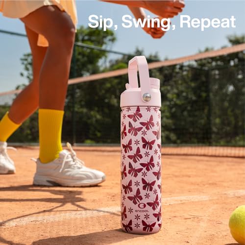 Image of ENCOOL Insulated Water Bottle with Straw Stainless Steel Water Bottle, Leak-Proof, BPA-Free, Double Wall Vacuum Keeps Cold for 24 Hours for Sports, Travel, School (26 oz, Petal Butterfly)
