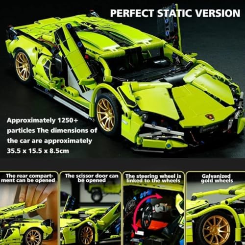 Image of 1:18 Scale Racing Pull-Back Supercar Building Blocks Set | Car Model Kit with Gold Sport Rims | DIY Construction Toy,Compatible with Major Bricks,Ideal Gift for Kids (1:18 Green Lambo [470pcs])