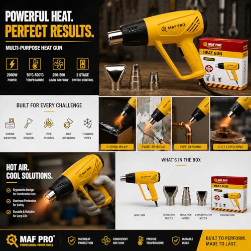 Image of MAF PRO Heat Gun 2000W Hot Air Gun with Dual Temperature Settings & Airflow Control | Heavy Duty Electric Heat Gun for Paint Removal, Shrink Wrapping, Craft, PVC & DIY Tools