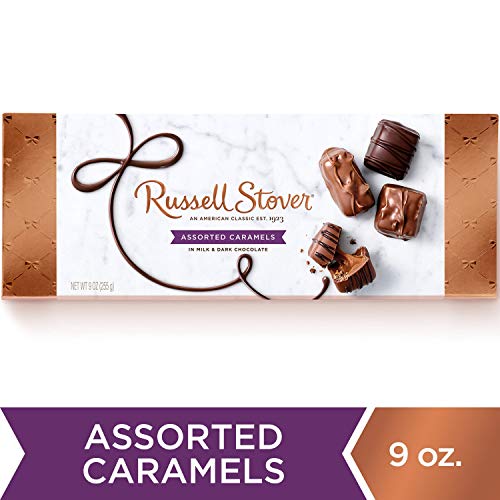 Russell Stover, Assorted Caramels in Milk and Dark Chocolate, Chocolate Gift Box, 9 Ounce (14 Pieces)