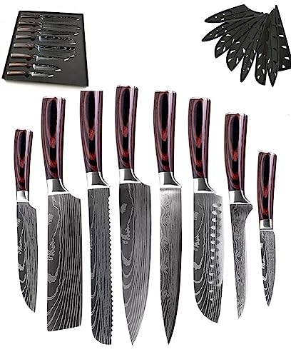 24x7 eMall 8 Pieces Damascus Knife Set with Laser Pattern ...