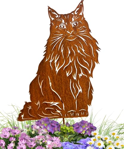 Terma Stahldesign Maine Coon Katze Gartenstecker Rostfigur Made in Germany Gartendeko Katze edelrost aus Metall Blumenstecker Figur Geschenk Garten deko Gartenfigur