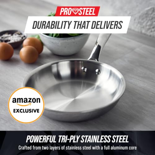 Image of Blue Diamond Pro Steel 8 inch Tri-Ply Stainless Steel Frying Pan Skillet | Multi Clad Skillet, Induction & All Stovetop Suitable, Mirror Polished Finish, Dishwasher Safe, Oven Safe to 850F, Silver