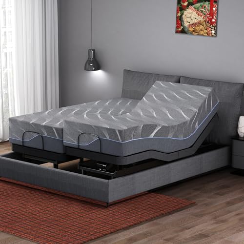 Split King Adjustable Bed Frame, 12 Inch Grey Gel Memory Foam Medium-Firm Mattress in Box,Updated...
