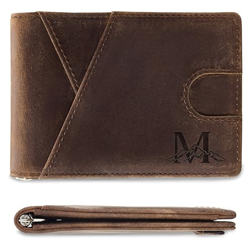 Janhavi Mens Wallet Genuine Leather with Money Clip,Personalized Initials Front Pocket Wallets, Minimalist Credit Card Holder,RFID Blocking Slim Wallet for Men,Gifts for Husband Father((Initial M)