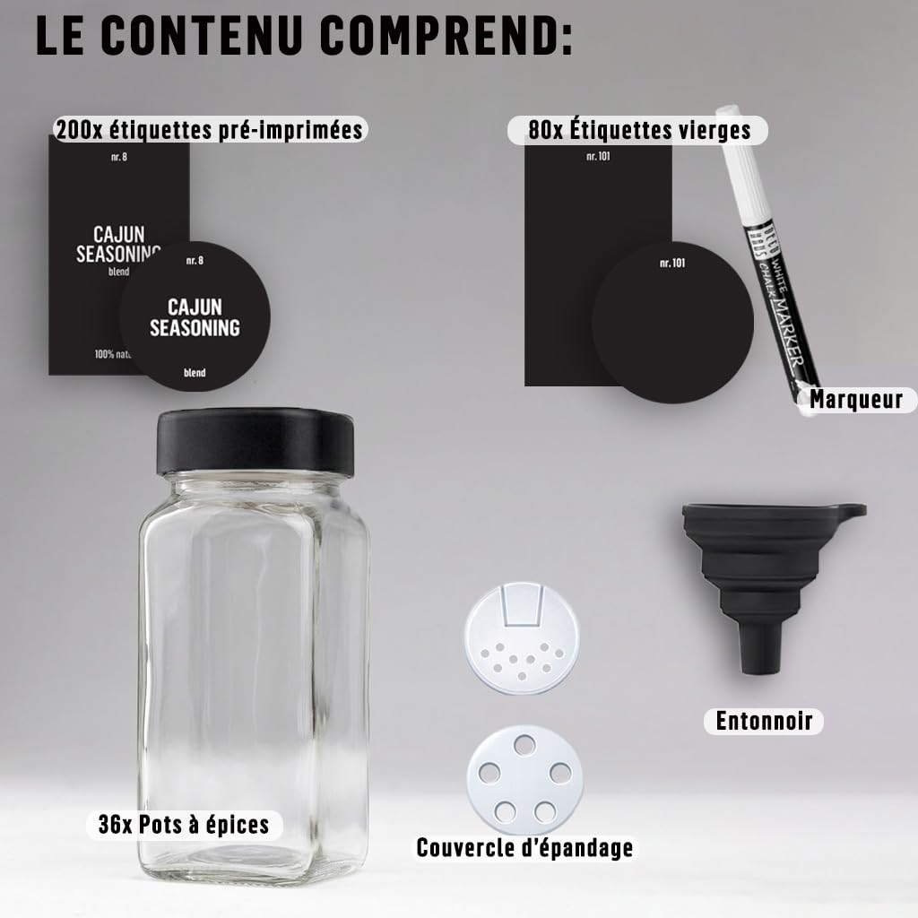Deco haus® Lot de 36 Bocaux à Épices Carrés Hermétiques [avec Étiquettes & Saupoudreur] - Bocaux en Verre - Pot a Epices en Verre et Bois, Spice Jars - Récipients d'Épices - Pot à Epices