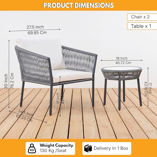 Image of DEVOKO 3 Piece Patio Rope Set Outdoor Woven Rope Conversation Balcony Furniture With Glass Top Table And Cushioned Chairs For Garden (Grey And White), (76 X 89 X 65Cm)