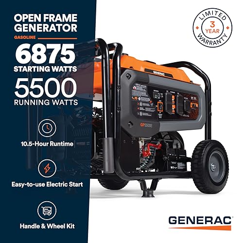 Image of Generac 6,875 Starting Watt Portable Gas Generator - Electric Start - Home Backup or RV Ready - Heavy Duty Frame - Quiet, Long Runtime, Emergency Power - 50-State Compliant