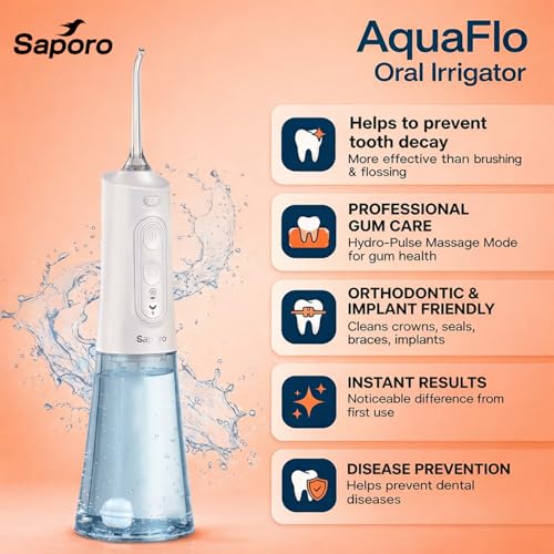 Image of Saporo AquaFlo Water Dental Flosser for Teeth, Cordless Oral Irrigator with 6 Cleaning Modes, 300ml Detachable Tank, Rechargeable & Portable, Gravity Ball Technology, 2 Nozzle Tips for Home & Travel