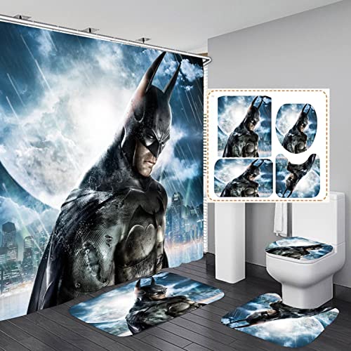 Bathroom 4 Pieces Set Shower Curtain, Toilet Lid Cover and Bath M...