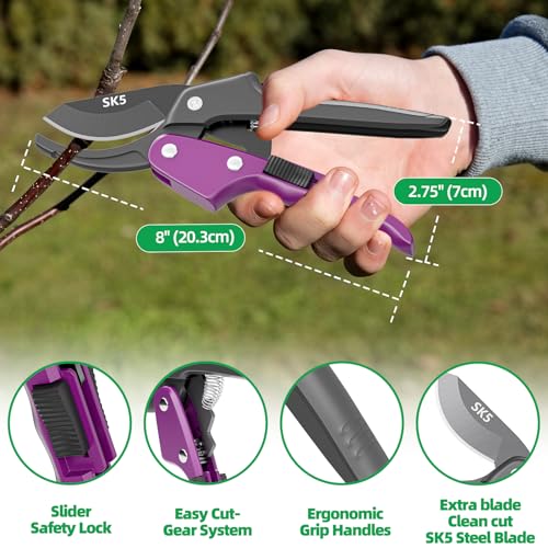 Image of HASTHIP SK5 Gardening Scissors - 20CM Garden Pruning Shears - 5 /6'' Bypass Hand Pruner Pruning Shears - Gardening Tools Suitable for Garde Plants, Shrubs, Flowers, Fruit Tree with Slider Safety Lock
