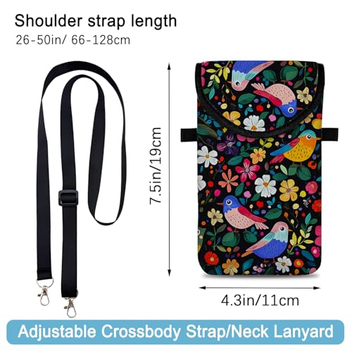 Image of Neoprene Cell Phone Sleeve Pouch Case Bag with Crossbody Strap Neck Lanyard for Women 7.5 X 4.3 in Flower Bird
