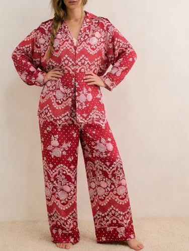 Image of Women Satin Pajama Set Floral Silk Pajamas 2 Piece Lounge Sets Button Down Shirts Wide Leg Pants Pjs Sleepwear